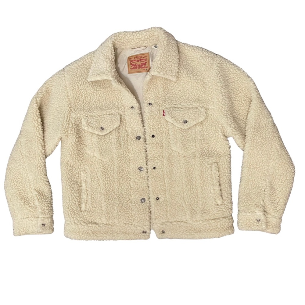 Levi’s Women’s Sherpa Fleece Trucker Jacket Cropped M Cream Coconut Snap Front - Picture 5 of 15